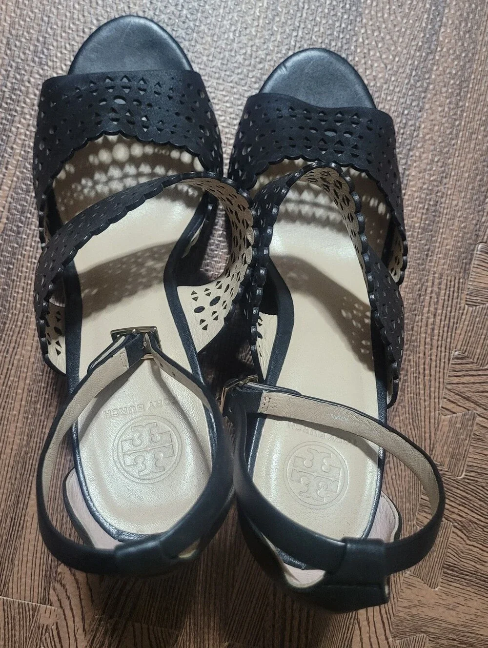 Tory Burch Nutria black perforated laser-cut leather gladiator wedge sandals  9M